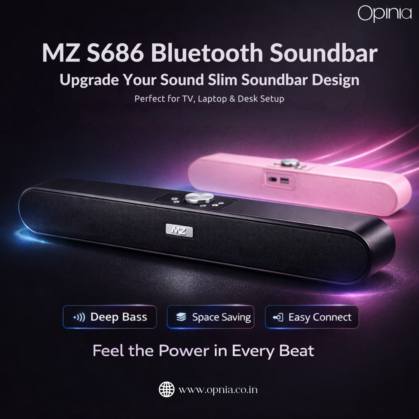 OPINIA Stereo Soundbar, Clear Sound with Bass, 1800 mAh Battery 16W Bluetooth Soundbar
