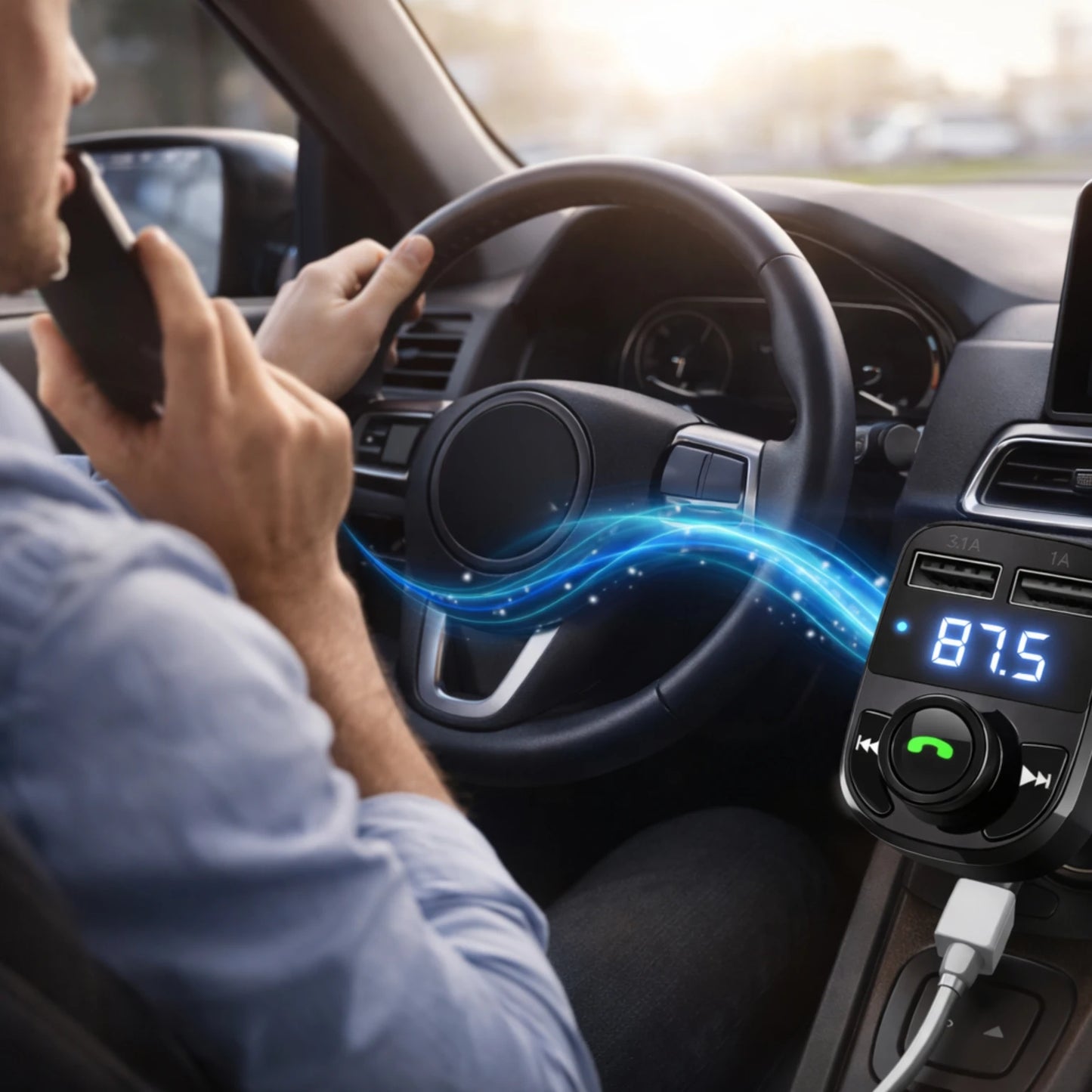 Bluetooth Car Charger with FM Transmitter – Dual USB Fast Charging, Hands-Free Calling & Wireless Music Adapter