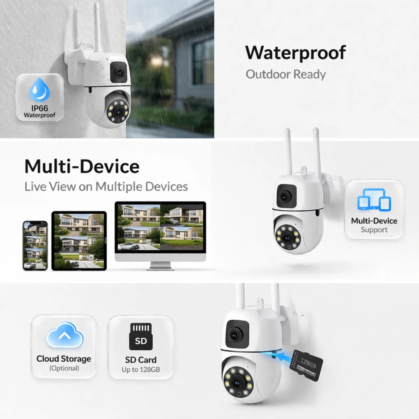 OPINIA Dual Lens Smart Wi-Fi Wall Camera with Live View & Two Way Audio Security Camera | 128GB