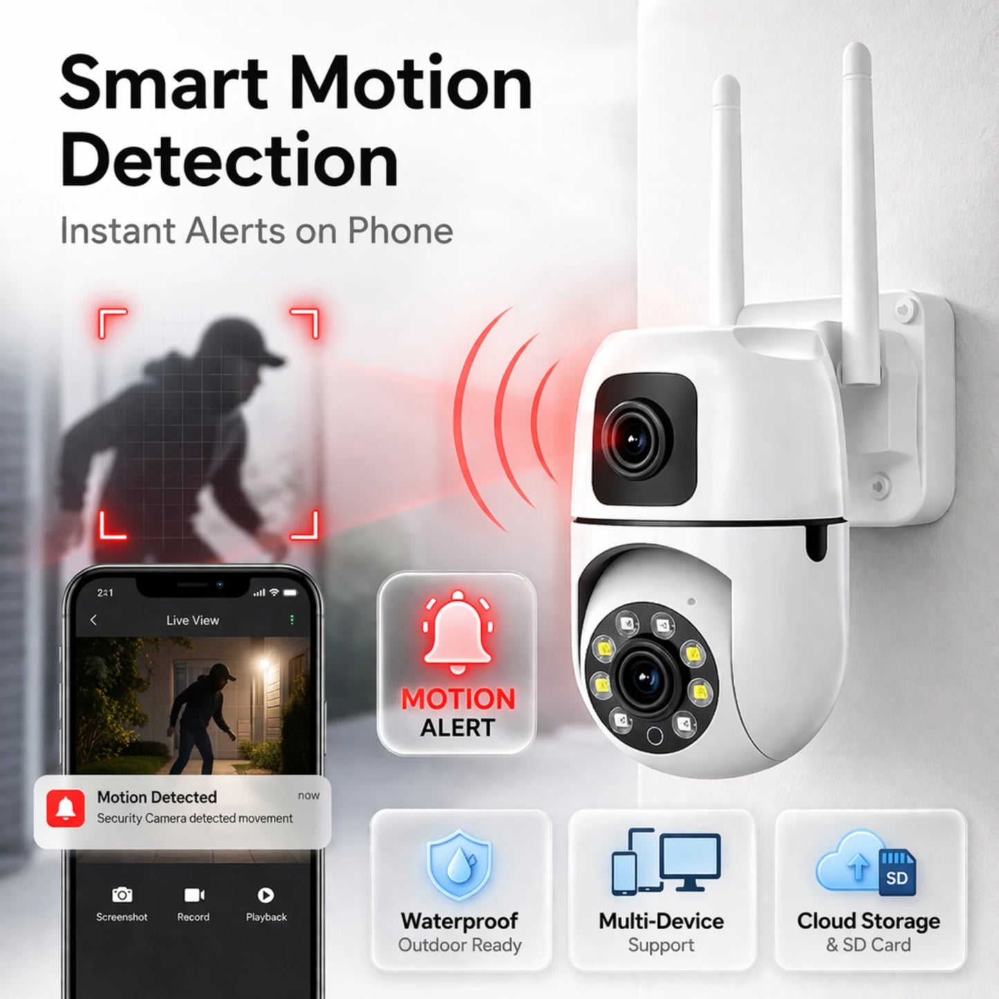 OPINIA Dual Lens Smart Wi-Fi Wall Camera with Live View & Two Way Audio Security Camera | 128GB