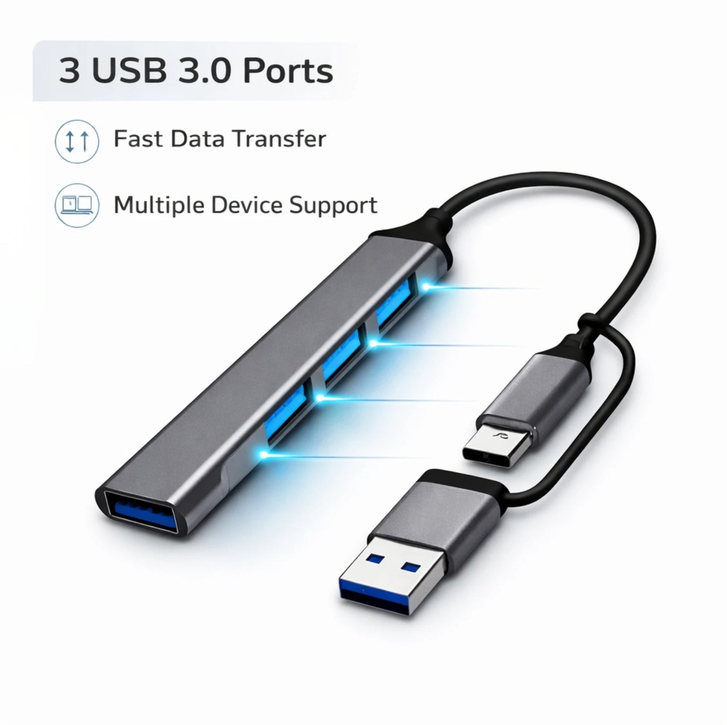 OPINIA 4-in-1 USB Hub OTG Adapter – High-Speed USB 3.0 Multiport Hub for Laptop, PC & Mobile Devices