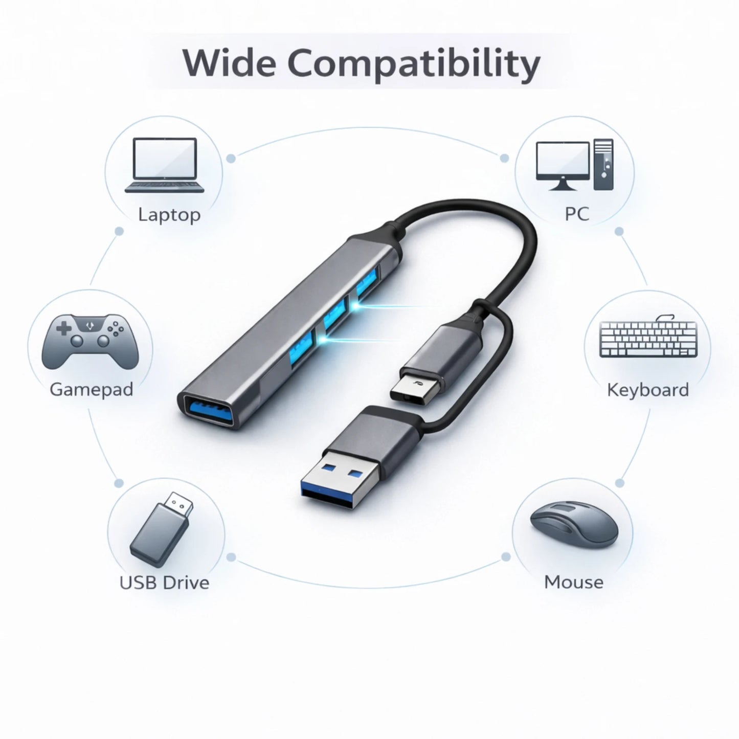 OPINIA 4-in-1 USB Hub OTG Adapter – High-Speed USB 3.0 Multiport Hub for Laptop, PC & Mobile Devices