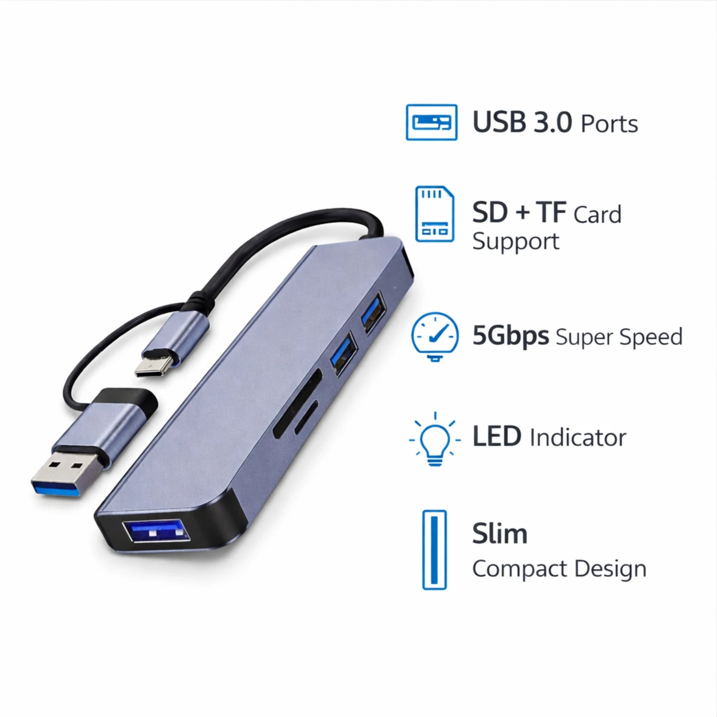 OPINIA 5-in-1 USB Hub OTG Adapter – High-Speed USB 3.0 Multiport Hub for Laptop, PC & Mobile Devices