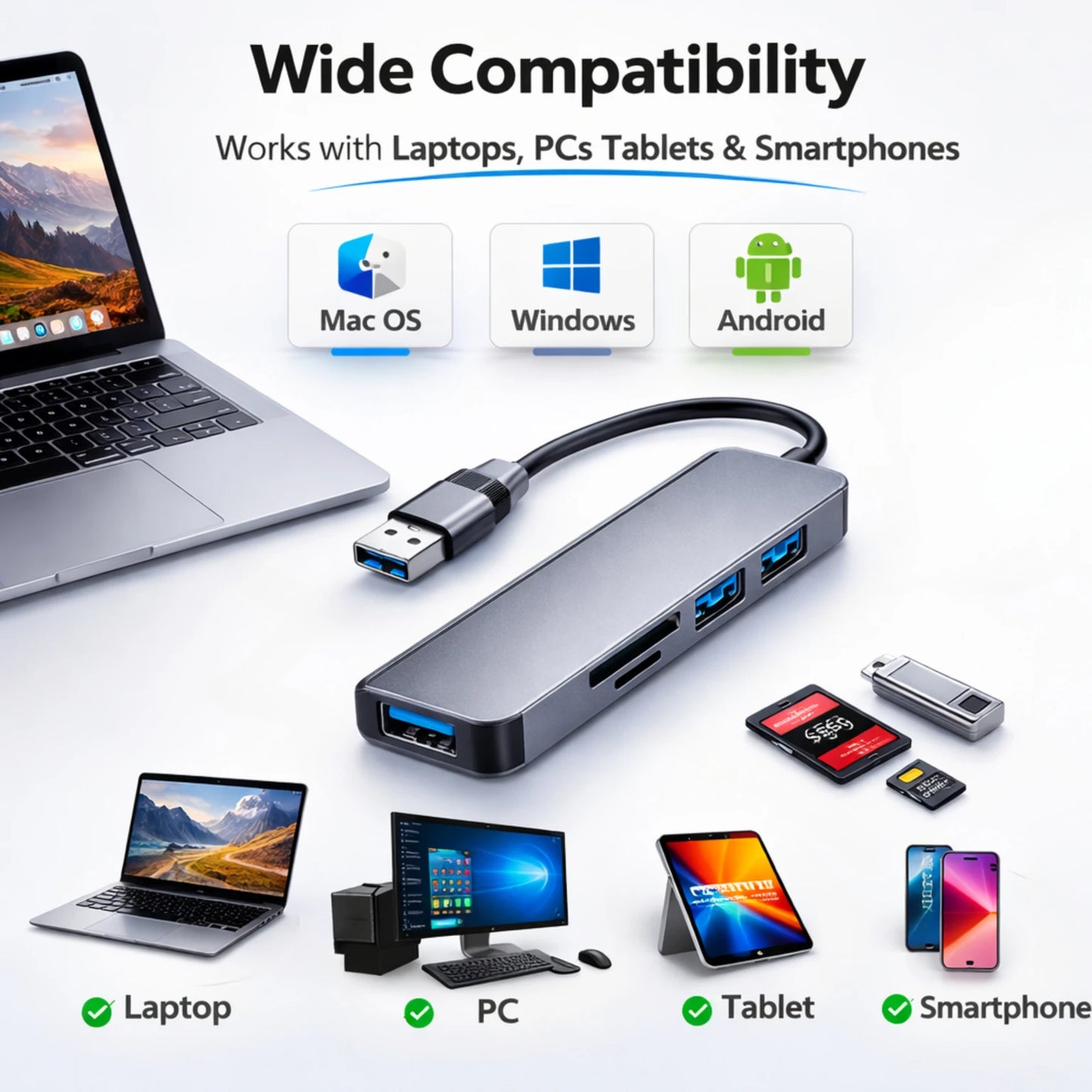OPINIA 5-in-1 USB Hub OTG Adapter – High-Speed USB 3.0 Multiport Hub for Laptop, PC & Mobile Devices
