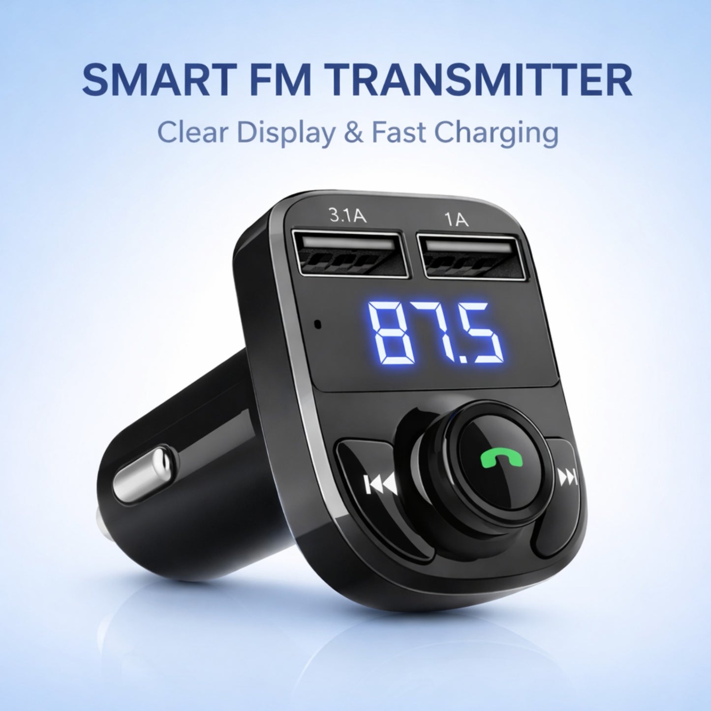 Bluetooth Car Charger with FM Transmitter – Dual USB Fast Charging, Hands-Free Calling & Wireless Music Adapter