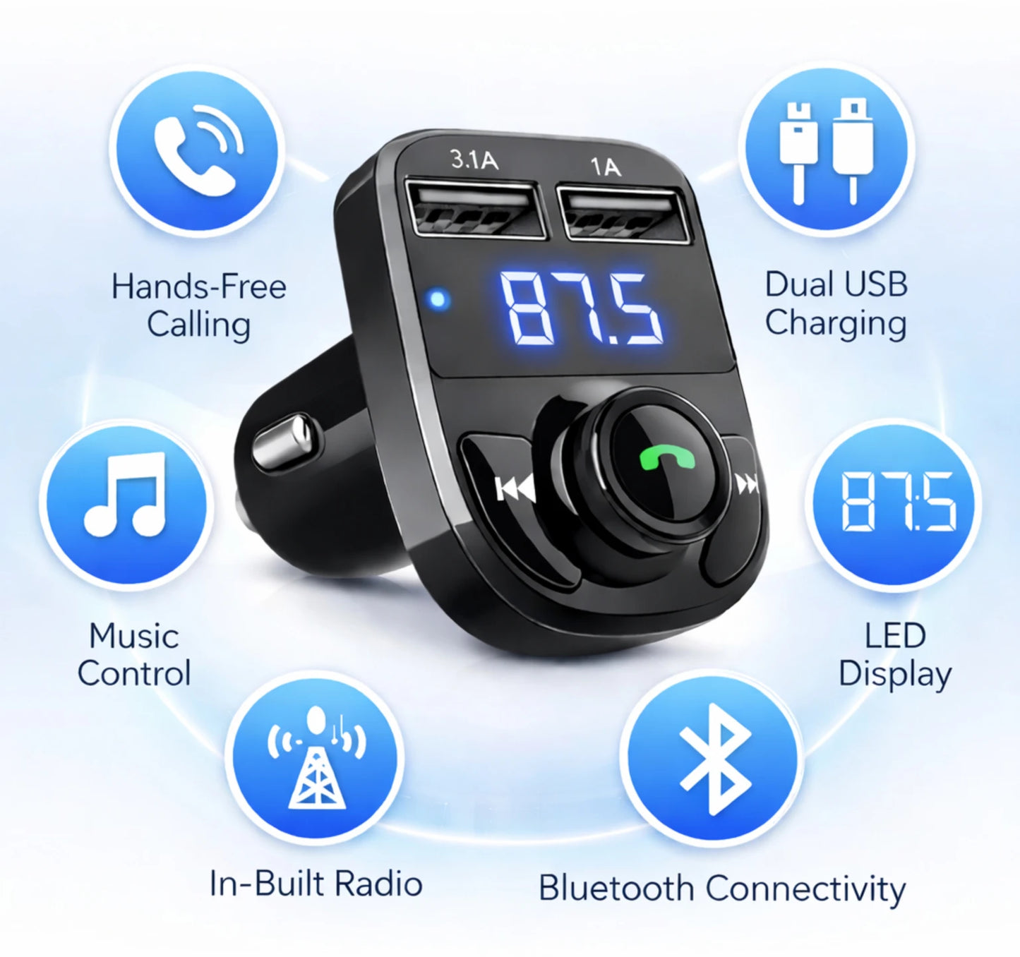 Bluetooth Car Charger with FM Transmitter – Dual USB Fast Charging, Hands-Free Calling & Wireless Music Adapter