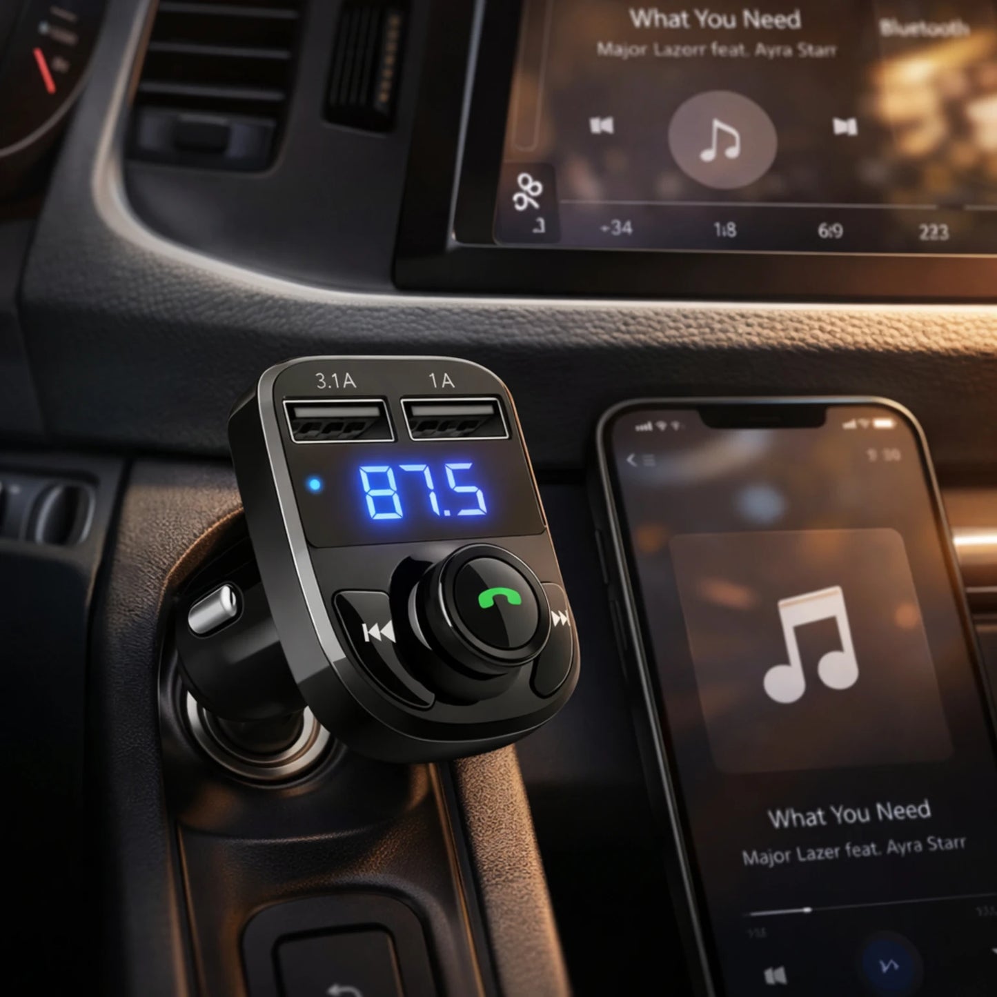 Bluetooth Car Charger with FM Transmitter – Dual USB Fast Charging, Hands-Free Calling & Wireless Music Adapter