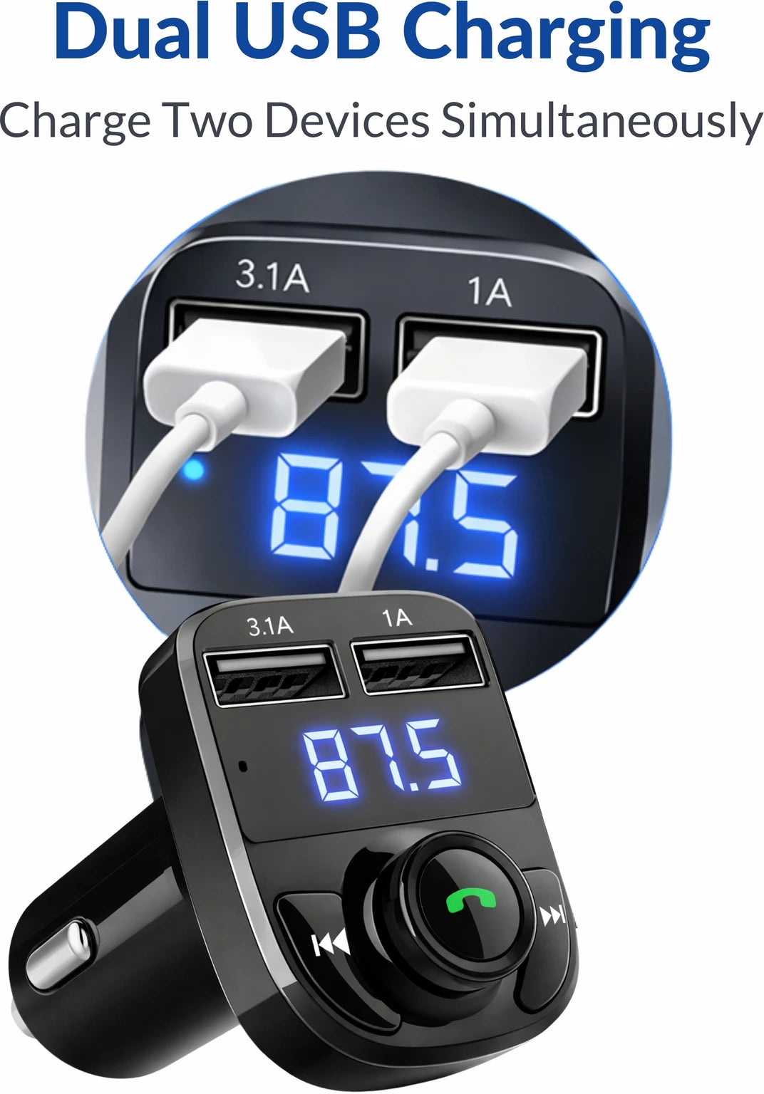 Bluetooth Car Charger with FM Transmitter – Dual USB Fast Charging, Hands-Free Calling & Wireless Music Adapter