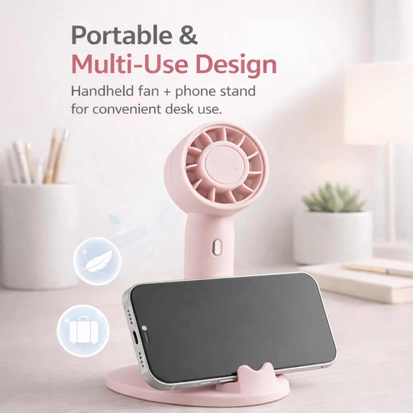 F51 Rechargeable Portable Mini Fan – Handheld & Desk Fan with 3-Speed Control & Phone Stand